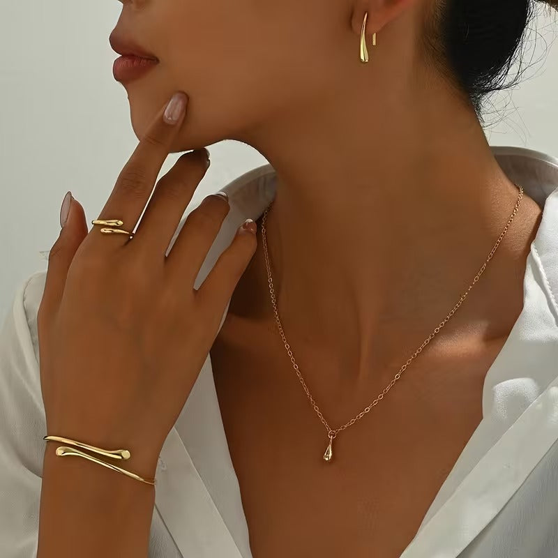 Parure Goutte d’Eau Élégante – Collier, Bracelet, Boucles & Bague Ajustable
